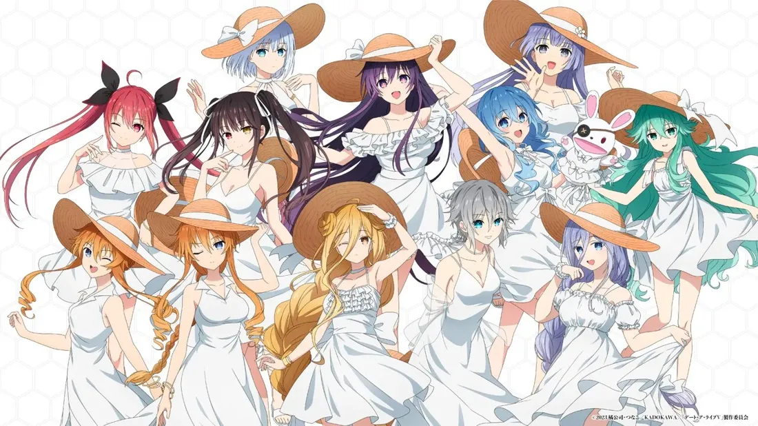 Promotional artwork featuring a group of twelve anime-style female characters, all depicted in summer attire.  Each woman is wearing a flowing white sundress and a large straw sunhat in varying shades of beige.  Their hair colors and styles are diverse, ranging from long, vibrant red and purple to shorter, lighter shades of blonde, blue, and gray.  The characters are posed dynamically, with some playfully interacting and others striking more elegant poses.  One character in the center, with long, golden-blonde hair, has her hand raised in a cheerful wave. A small, white rabbit plushie is visible near the center of the group. The background is a simple, stylized pattern of pale gray hexagons. The overall artistic style is bright, vibrant, and characteristic of modern anime promotional art. The text at the bottom appears to be Japanese copyright information.