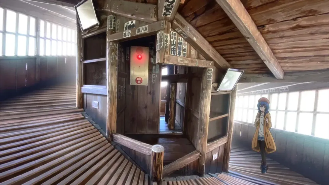 a blue-haired girl climbing a wooden staircase. In the background there is a small house between the wooden stairs.