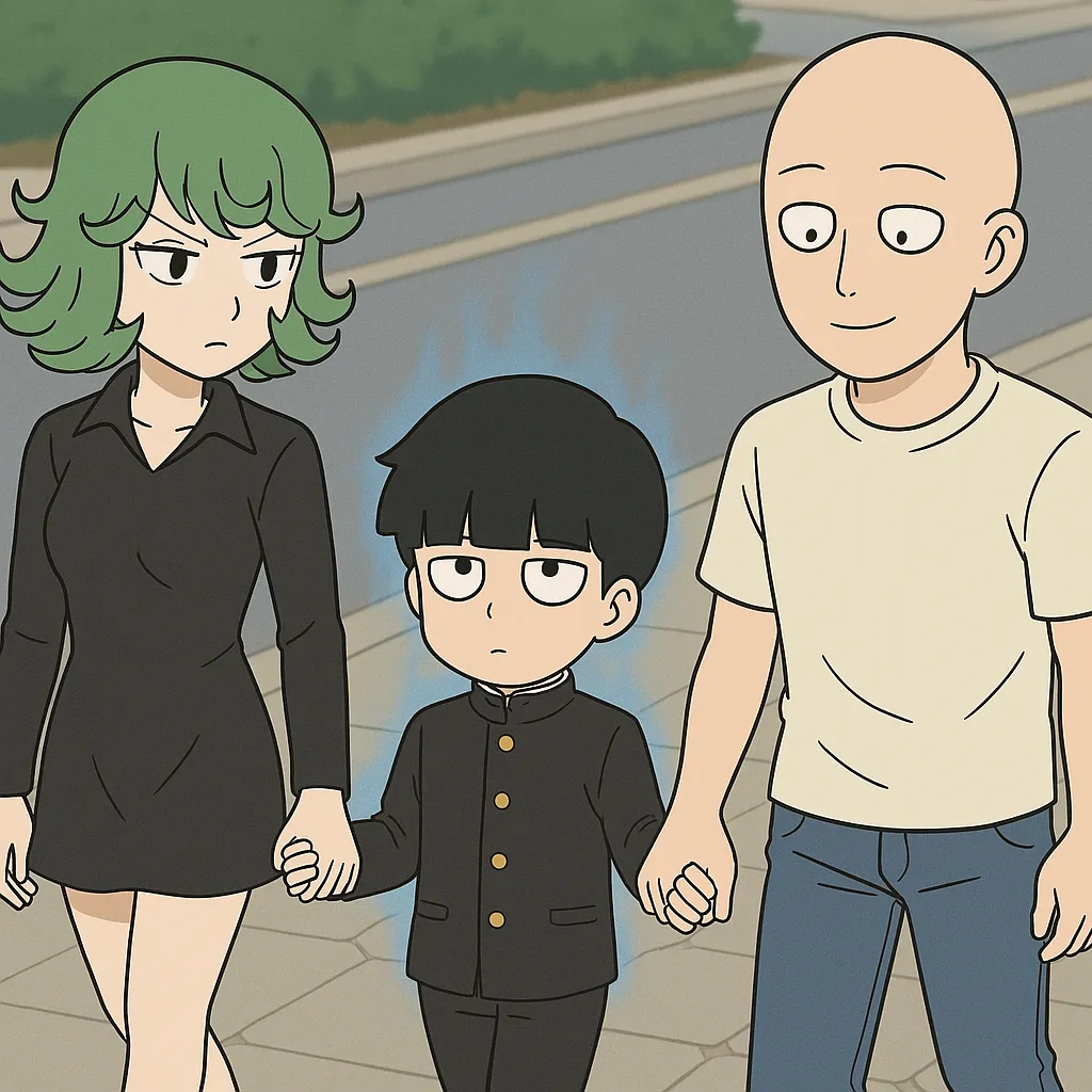 Mob, Tatsumaki and Saitama walking down the street