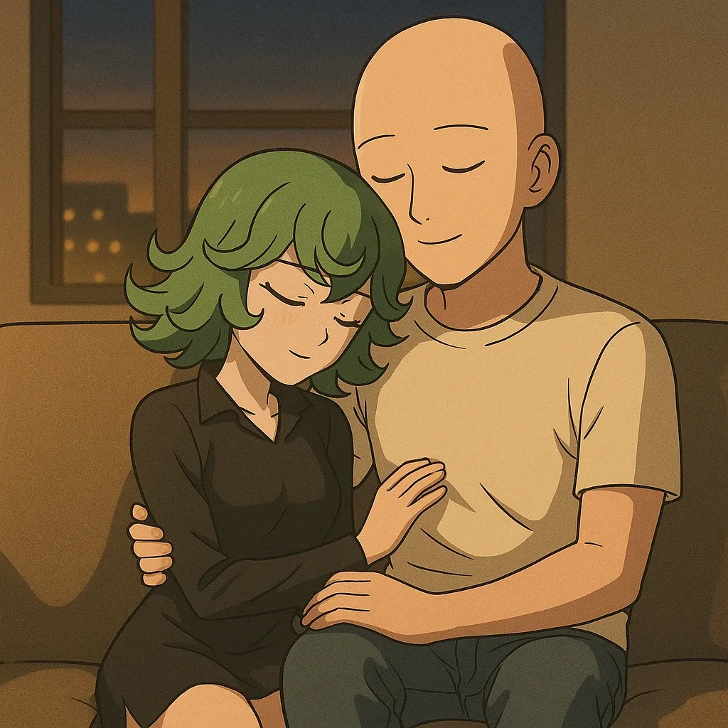 Anime-style illustration of Saitama from One Punch Man and Tatsumaki (Fubuki's sister) cuddling on a couch. Saitama, bald with a serene expression, wears a light beige t-shirt and dark blue jeans. Tatsumaki, with bright green, spiky hair, is leaning against him, eyes closed. She's wearing a dark brown, long-sleeved collared shirt and her hands rest gently on Saitama's chest. Saitama's arms are around her, protectively. The background shows a dimly lit room with a window revealing a cityscape at night. The overall style is reminiscent of a comic book, using muted, sepia-toned colors.