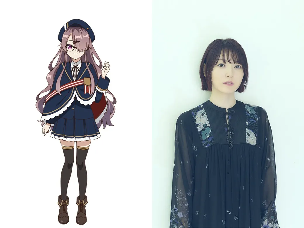 A split image showing an anime character and her voice actress. On the left, an anime-style illustration depicts a young girl with long, wavy lilac hair, wearing a dark blue school uniform consisting of a pleated skirt, a navy jacket with gold detailing, and a dark blue cape with red and gold accents. She also sports a dark beret, knee-high black stockings, dark brown boots, and purple-rimmed glasses, partially obscuring her right eye. She is presented in a three-quarter view, with one hand gently raised. Her expression is demure. The artistic style is reminiscent of modern anime character design. On the right, a photograph of a young woman with short, dark brown hair, wearing a loose-fitting black blouse with a subtle floral pattern. She is positioned against a plain, light-colored background. The woman's expression is calm and neutral. The overall style of the image is a side-by-side comparison of a fictional character and her real-life voice actress.