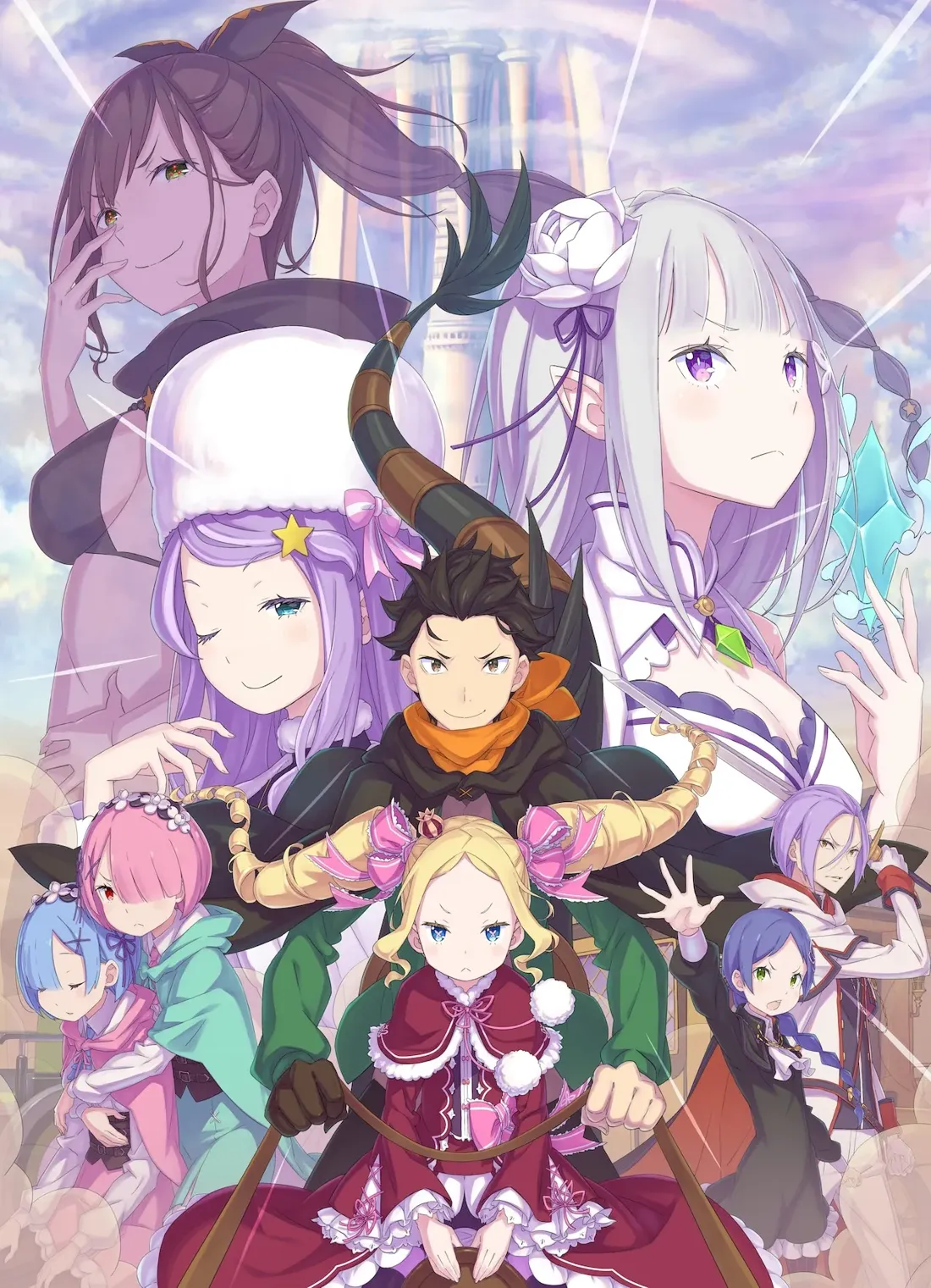Promotional illustration of Re:Zero Season 4, featuring several main characters in a dynamic composition. At the center, the protagonist is surrounded by iconic characters with determined and serious expressions, along with fantasy elements such as horns and crystals. The background showcases a soft-toned sky with towering structures.