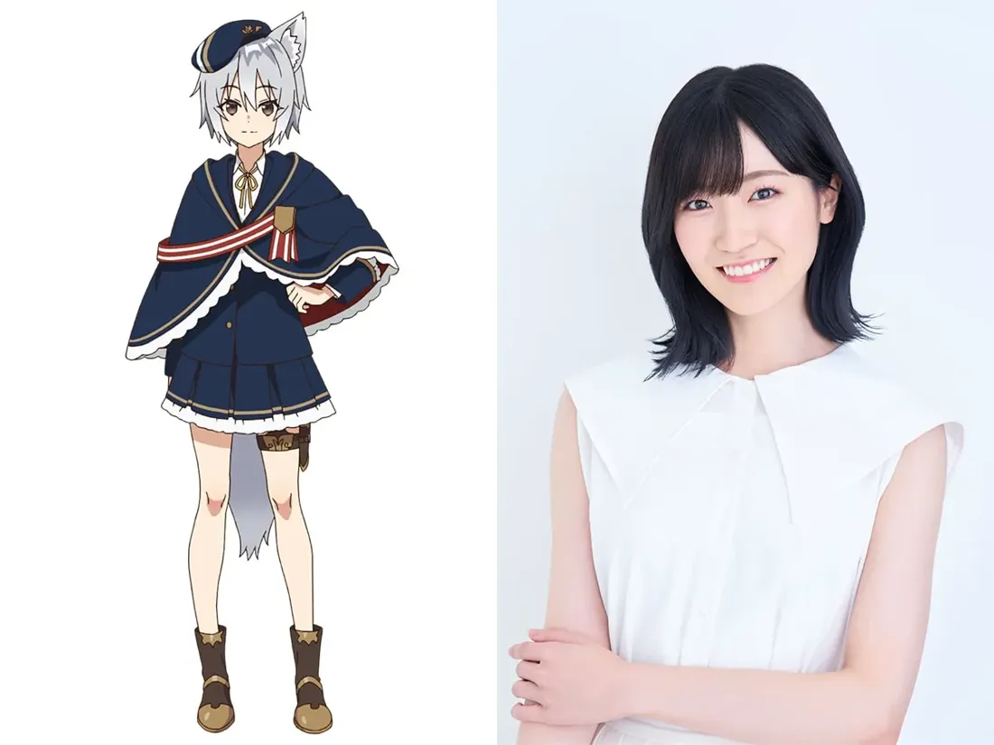 A split image showcasing an anime character design and the voice actress. On the left, an anime-style illustration depicts a young female character with short, silvery-gray hair, wolf ears, and a navy blue sailor-style uniform. The uniform includes a pleated skirt, a cape with red and white accents, and brown boots. She also wears a dark-colored hat. Her posture is upright, and her hands are gently placed at her hips. The style is reminiscent of modern anime character design. On the right, a photograph shows the real-life Japanese voice actress, with shoulder-length black hair styled with bangs, wearing a simple, sleeveless white top. She is smiling gently and has her arms crossed across her chest against a plain, light background. The image likely represents promotional material for an anime series or film.