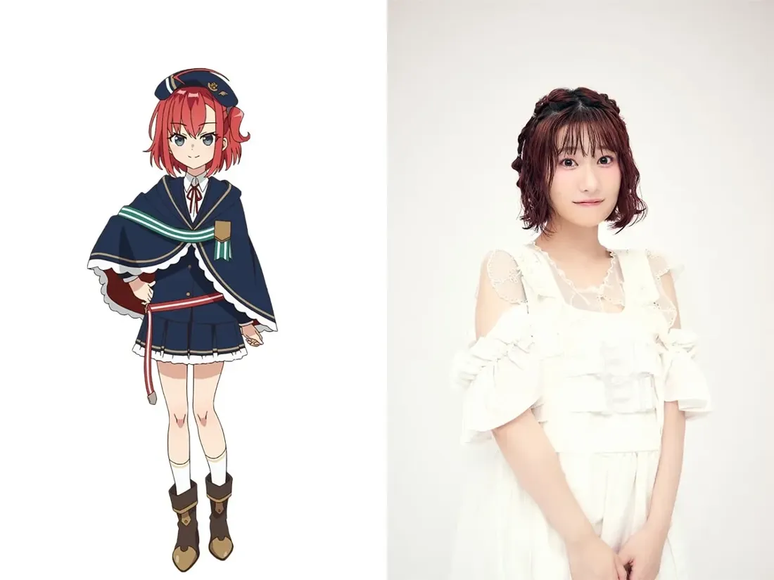 A split image showing an anime character and her voice actress. On the left, a stylized anime girl with short, bright red hair and bangs, wearing a dark blue sailor-style uniform with a teal and gold capelet and brown boots.  She stands with her hands on her hips, exhibiting a confident pose. The art style is characteristic of modern anime. To the right, a photograph of a young woman with similar short, reddish-brown hair styled in loose waves with subtle braids. She's wearing a white off-the-shoulder dress with ruffles.  She has a neutral expression and her hands are clasped in front of her. The background is plain white in both sections of the image.