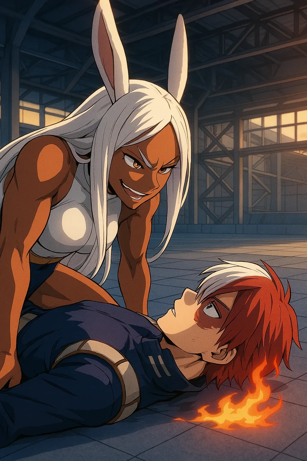 Anime-style illustration depicting Mirko, a muscular woman with long white hair and large rabbit ears, leaning over a prone Shoto Todoroki. Mirko wears a white sleeveless top and dark blue shorts. Her expression is one of intense, slightly amused determination. Todoroki, with his characteristic half-red, half-white hair, lies on the ground, appearing slightly injured; a small flame emanates from the ground near his head. The background features a dimly lit industrial setting with metal beams and large windows, suggesting an outdoor or warehouse-like environment. The art style is reminiscent of modern anime, with bold lines, vibrant colors, and a focus on character expression and dynamic posing.