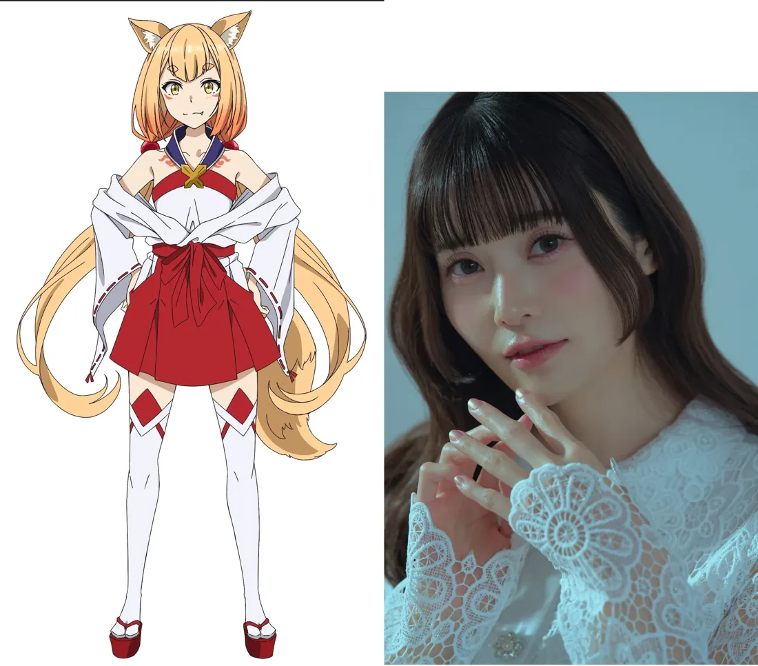 A split image showing an anime character and a live-action actress.  On the left, a stylized anime illustration depicts a young woman with long, light blonde hair styled into a bob with fox ears. She has bright yellow eyes and wears a red and white shrine maiden outfit: a short red skirt, a white top with a red obi (sash), and white thigh-high socks with red diamond patterns. The character stands with hands at her sides, appearing calm. Her footwear is red geta (Japanese sandals). The artistic style is characteristic of modern anime. On the right, a photograph shows a young woman with shoulder-length dark brown hair, blunt bangs, and fair skin. She's wearing a white blouse with delicate lace detailing on the sleeves. Her hands are delicately positioned near her face, and she looks directly at the viewer with a soft expression. The background is a muted, out-of-focus light blue.  The image likely displays an anime character and the actress portraying her in a live-action adaptation.