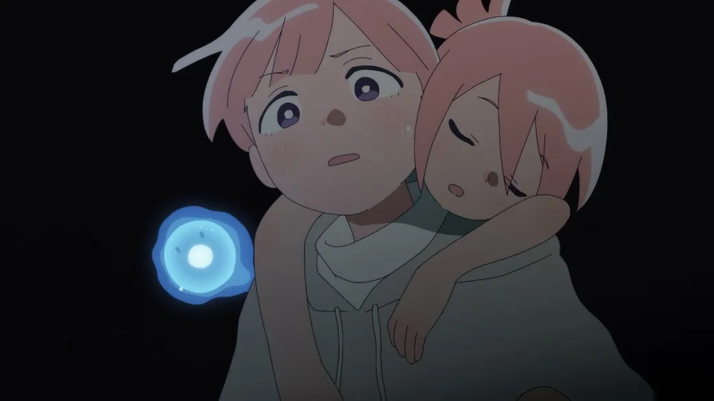 A girl and a boy, both with pink hair. The boy is looking forward with a scared expression and the girl is sleeping on his shoulders. There is a small blue orb floating near the boy.