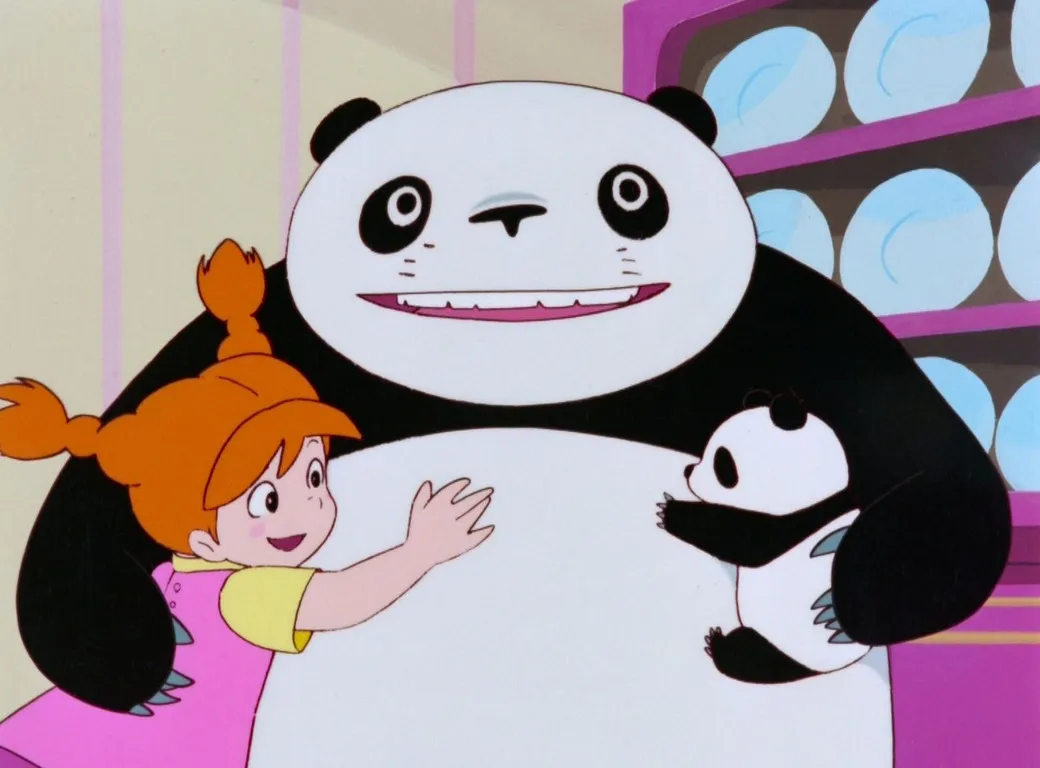 an adult panda hugging her cub and a child with orange hair, all smiling.