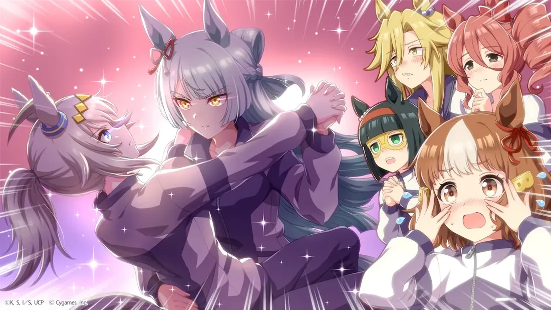 Anime-style illustration featuring a group of anthropomorphic animal girls.  The central focus is on two girls with grey and lavender hair, both wearing purple athletic-style clothing. The grey-haired girl is holding and seemingly embracing the lavender-haired girl, who appears surprised or shocked.  Surrounding this central pair are four additional girls; one with blond hair and cat-like ears, another with red hair and deer-like ears, a third with dark hair and cat-like ears wearing yellow goggles, and a fourth with brown and white hair and horse-like ears, whose expression is one of wide-eyed shock and tears.  The background is a soft pink with radiating light effects, creating a dynamic and energetic atmosphere. The overall style is vibrant and emotive, typical of Japanese anime and manga artwork."