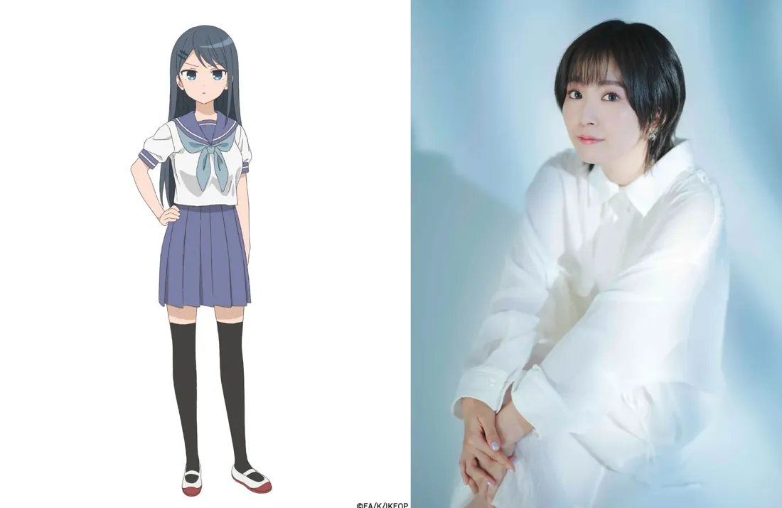 A split image showcasing an anime character and her voice actress. On the left, a stylized anime drawing of a young girl with long, dark-blue hair, wearing a classic Japanese sailor uniform consisting of a white short-sleeved shirt with a light-blue neckerchief, a dark-blue pleated skirt, black knee-high socks, and dark-red shoes. She stands with her hands on her hips, displaying a slightly serious expression. The artistic style is characteristic of modern anime.  On the right, a photograph of a young woman with short, dark hair, wearing a loose-fitting, long-sleeved white shirt. She is seated, hands clasped in her lap, against a soft, light-blue background. The photograph appears professionally lit and styled.