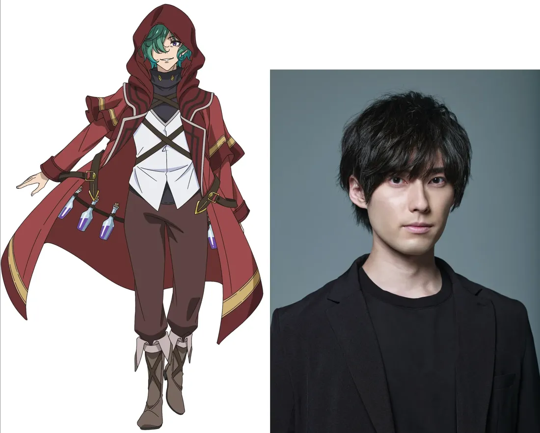A split image showing an anime character and their live-action counterpart.  On the left, an anime-style illustration depicts a young male character with teal hair, partially obscured by a deep red hooded cloak.  The cloak is long and features gold accents, belted at the waist. Underneath, he wears a white shirt with a criss-cross design at the chest, dark brown pants, and brown boots with light-colored accents.  A belt around his waist holds several small vials containing purple liquid. He has a slightly mischievous expression.  The art style is characteristic of modern anime and manga. On the right, a photograph shows a young Asian man with dark hair, wearing a simple black t-shirt under a dark blazer. His expression is serious and neutral. The background is a plain, light grey backdrop. The image is likely a comparison showcasing an anime character design and its live-action casting.