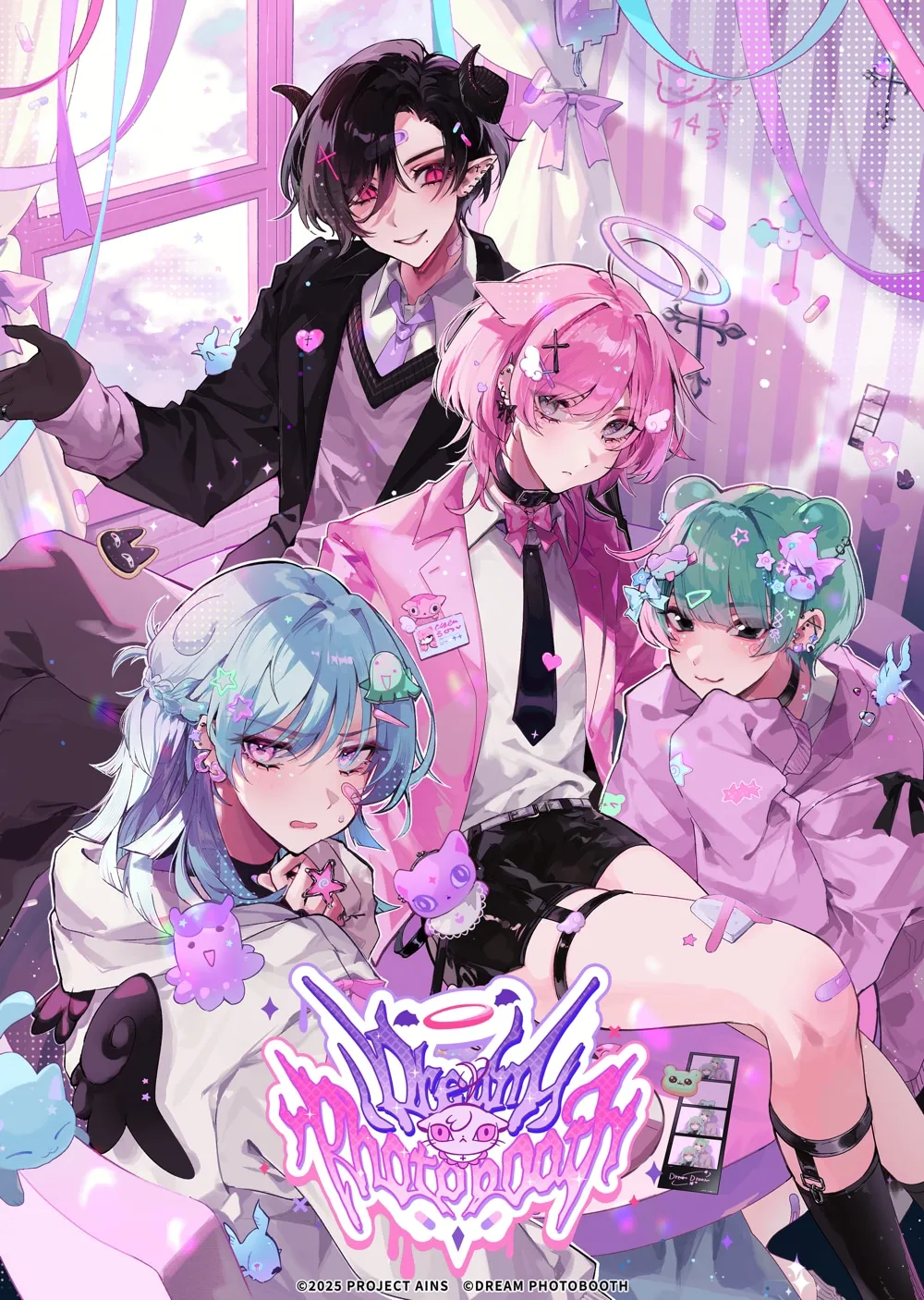 A vibrant illustration in a pastel anime style depicts four stylized characters, possibly representing a band or group. The central focus is a group of three anime-style characters with pastel-colored hair and clothing, styled in a playful and slightly gothic aesthetic. One character, with short, dark hair and small horns, wears a black blazer over a purple vest and white shirt, accessorized with a dark tie. They have red eyes and a slightly mischievous expression. To their right is a pink-haired character with cat ears in a pink blazer and black tie, appearing somewhat shy. To the left and slightly lower is a character with light blue hair, wearing a pale purple hoodie with various cartoonish patches and accessories, and appearing more melancholic. Finally, in the foreground, partially obscuring the lower part of the previous characters, a character with mint green hair wearing lavender clothing sits with their legs visible, adorned with various accessories and band-aids. They also wear black garters and boots.
The background features a bright pink and purple room with a window showing a soft, cloudy sky, ribbons and various decorative elements. The title "Dreamy Photography" is prominently displayed in a stylized, dripping font in the center, below the characters. The artwork is finished with many small stars and hearts scattered throughout, enhancing its whimsical atmosphere. The overall style suggests a promotional artwork for a project, possibly related to a band or anime. Copyright information reading "©2025 PROJECT AINS ©DREAM PHOTOBOOTH" is visible at the bottom.