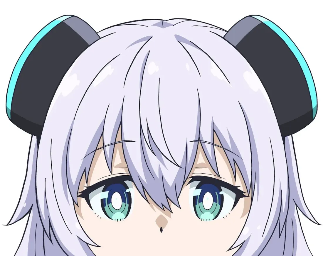 Close-up anime-style portrait of a young girl with long, flowing lavender hair. She has large, expressive teal eyes and a neutral expression. On either side of her head are dark gray, almost black, hair accessories with a light teal accent. The style is consistent with modern anime illustration, featuring clean lines and vibrant colors. The background is pure white, focusing all attention on the character's face and hair.