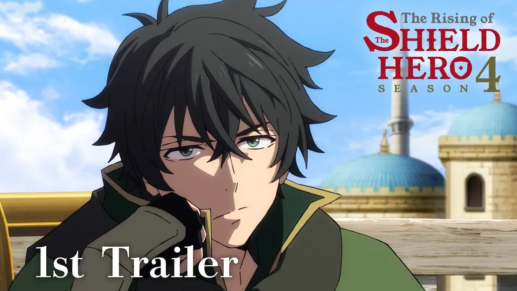 Promotional image for the first trailer of Season 4 of 'The Rising of the Shield Hero' anime.  The central focus is Naofumi Iwatani, the Shield Hero, a young man with dark, spiky green hair and green eyes. He has a serious expression and is leaning on his hand, resting his chin. He's wearing a dark green, high-collared jacket with gold accents on the collar and sleeves. The background features a light blue sky and a blurred, out-of-focus cityscape suggestive of a Middle Eastern or Mediterranean setting, including buildings with turquoise domes and minarets. The title card for 'The Rising of the Shield Hero Season 4' is visible in the upper right corner, along with the words '1st Trailer' at the bottom left. The image is in an anime style, characterized by its bold lines, vibrant colors, and stylized character designs.