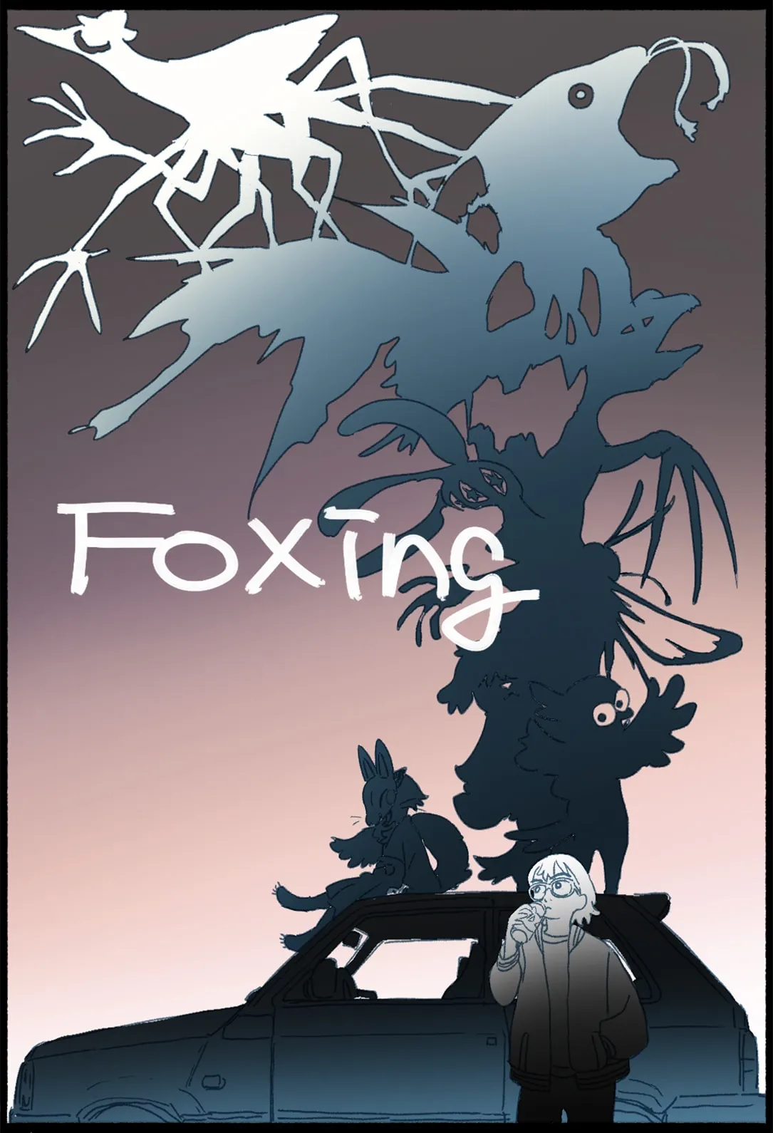 A stylized illustration in a dark, slightly surreal style depicts a young person with short hair wearing glasses and a jacket standing next to a dark-colored car.  Atop the car sits a stylized fox-like creature.  Behind them looms a large, shadowy, abstract tree-like form with several indistinct, creature-like appendages extending from it, including what appears to be a bird and a fish. The word "Foxing" is prominently displayed in white handwritten lettering across the center. The background is a muted, pinkish-purple gradient. The overall style suggests a graphic novel or album art.
