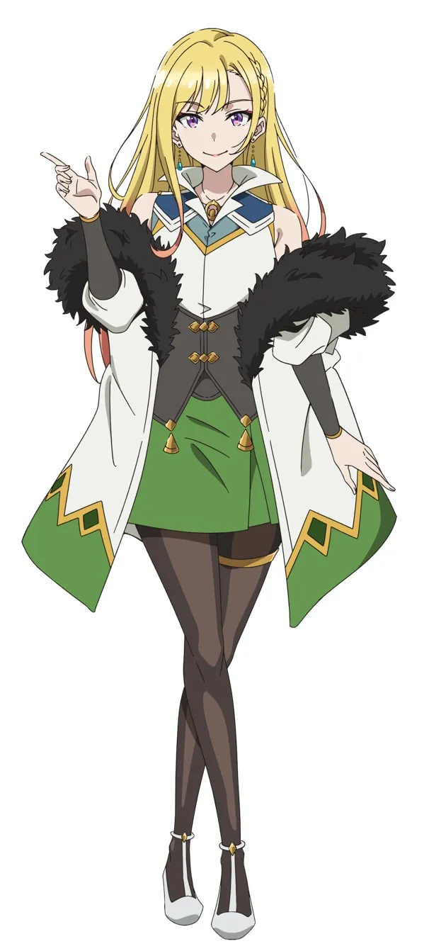 A full-body illustration of a young woman, styled in the anime genre, with long flowing blonde hair, parted in the middle and styled with braids.  She has striking purple eyes and a gentle smile. She is gesturing with her left hand, pointing to the viewer's left. She wears a white, long-sleeved coat with green accents and a dark fur collar.  Underneath, she sports a dark gray corset-like top over a short, vibrant green skirt.  Her stockings are dark brown and she wears light-colored shoes with gold accents. A gold necklace and dangling earrings complete her outfit. The background is pure white, putting all focus on the character